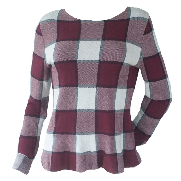 Ann Taylor Cranberry Plaid Peplum Knit Sweater Top